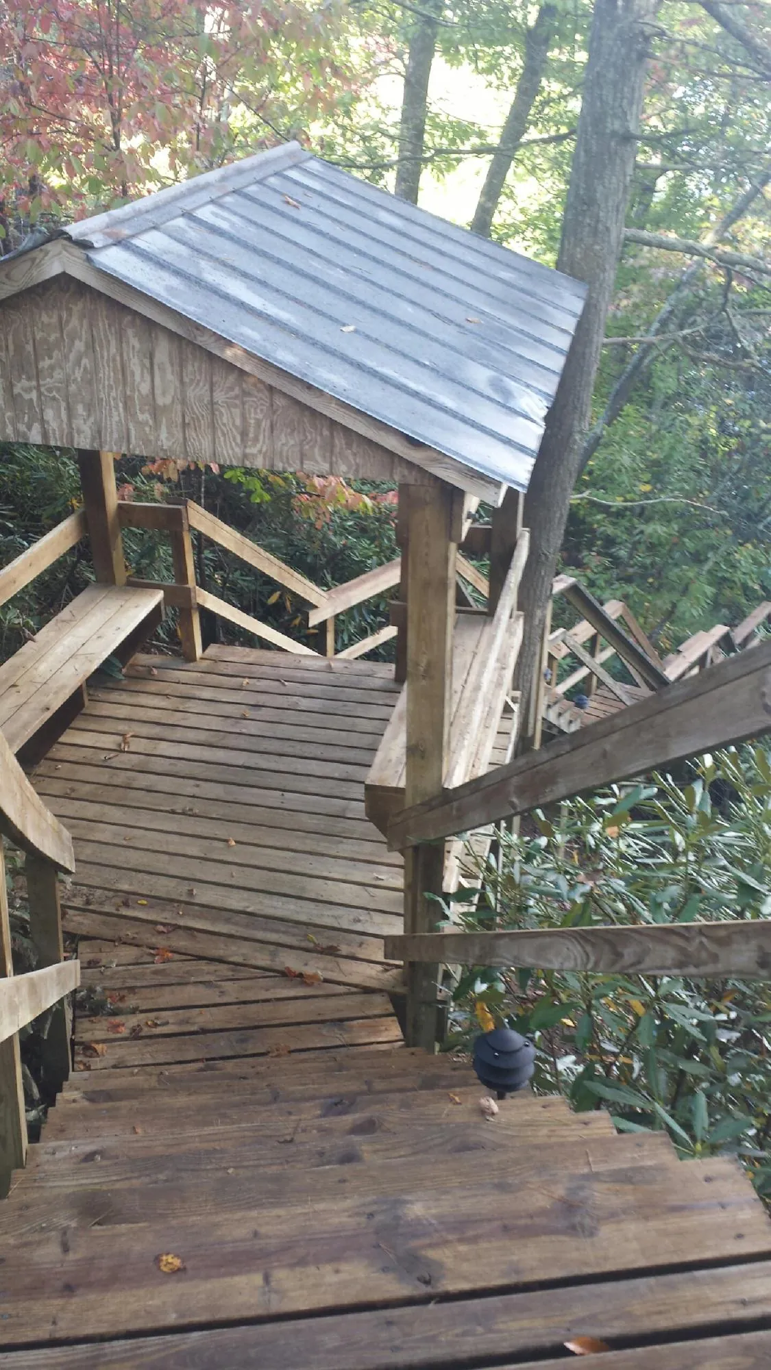 Metal roofed shelter over wooden steps on a wooded walkway — Skylight Repair & Installation work by our crew in Neal